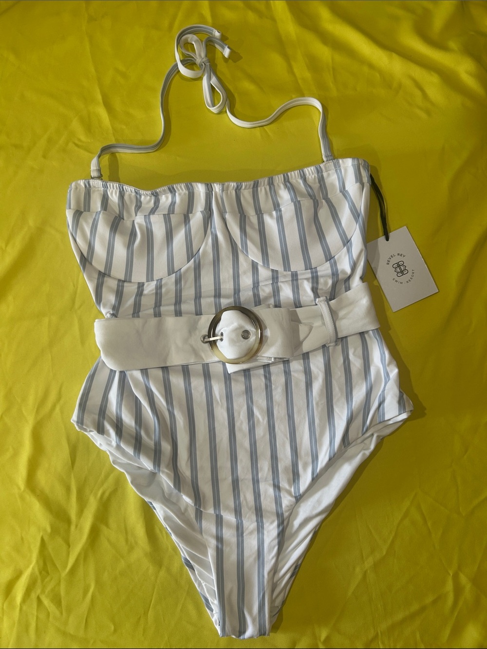 Revel Rey Striped Blue & White One Piece with Waist Belt NWT SZ S - Picture 1 of 7